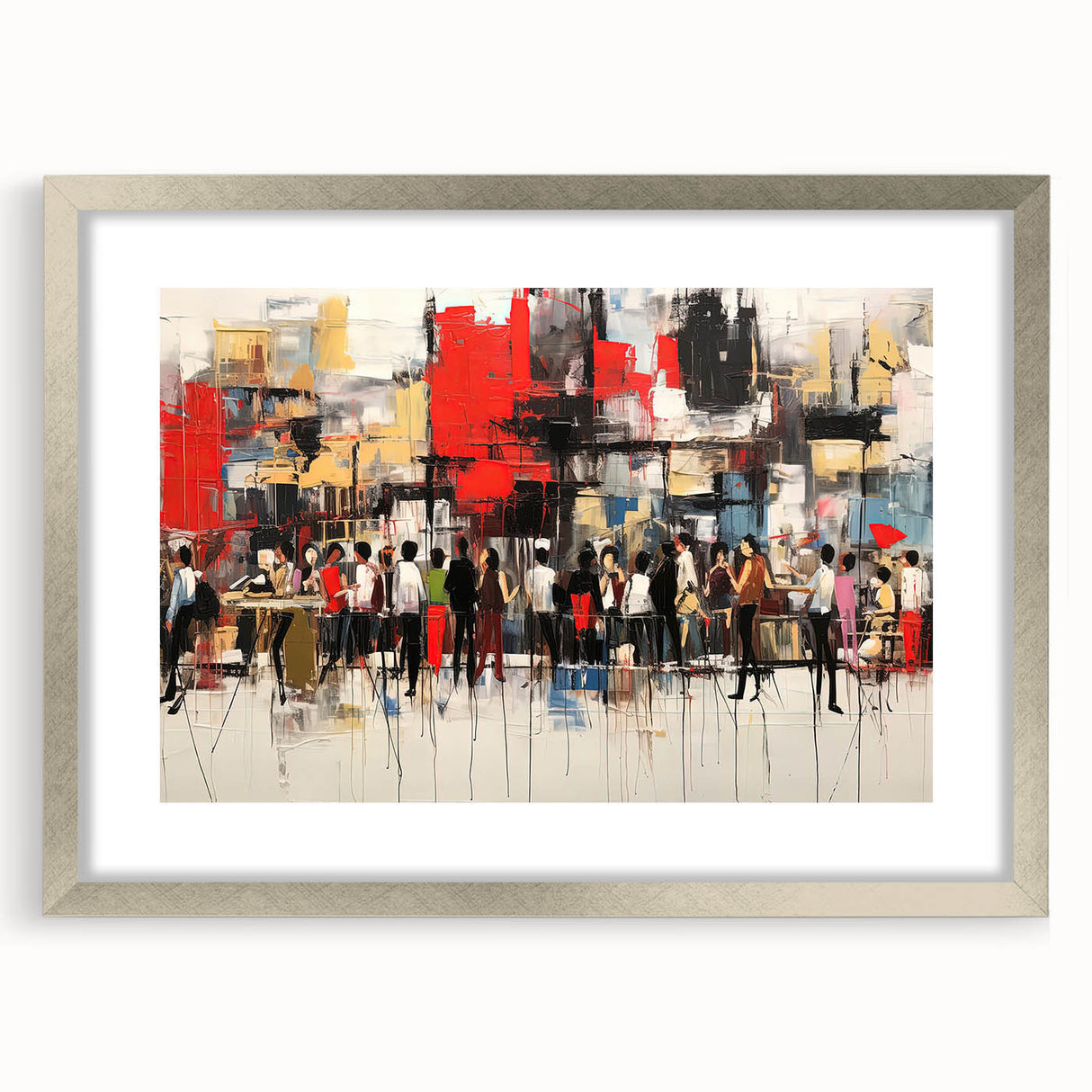 Framed abstract figurative wall art design in a silver mat, showcasing vibrant colors and modern shapes, perfect for contemporary decor.