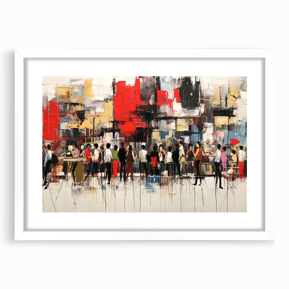 Abstract figurative wall art featuring vibrant colors and dynamic shapes, displayed in a white frame with a mat for an elegant finish.