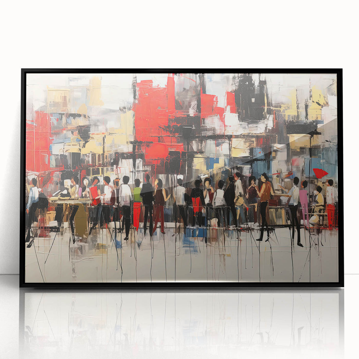 Framed abstract figurative wall art design with vibrant colors and unique shapes, showcasing an acrylic finish in a sleek black frame.