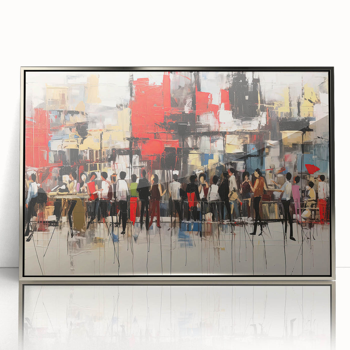 Framed abstract figurative wall art in silver acrylic, showcasing a modern design with flowing shapes and vibrant colors, perfect for contemporary decor.