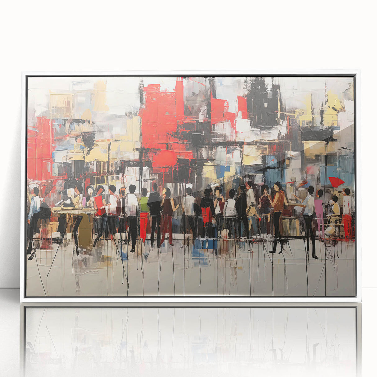 Framed abstract figurative wall art design showcasing vibrant colors and fluid shapes, set against a clean white background for a modern aesthetic.