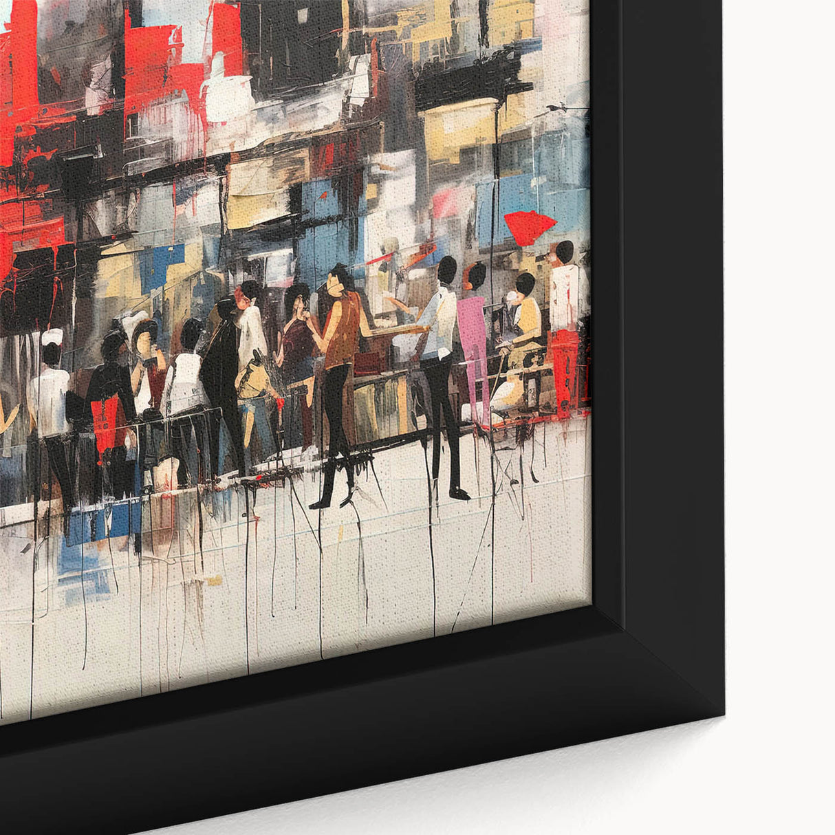 Close-up of a framed abstract figurative wall art piece showcasing vibrant colors and dynamic shapes, perfect for modern decor.