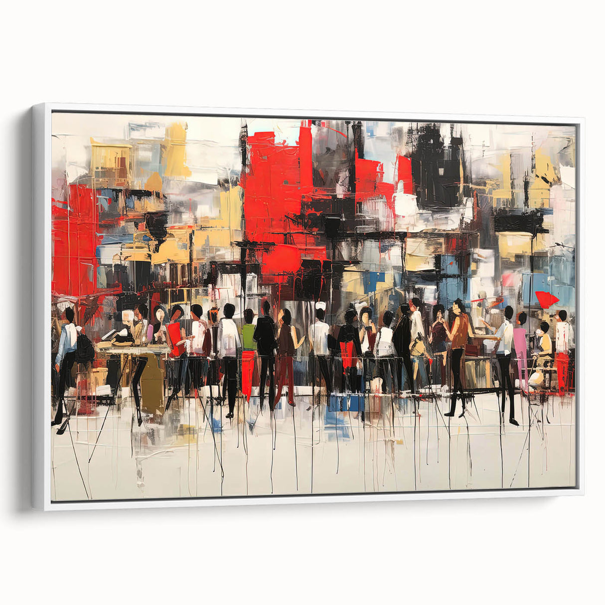 Framed abstract figurative wall art design showcasing vibrant colors and dynamic shapes, set against a white background for modern decor.