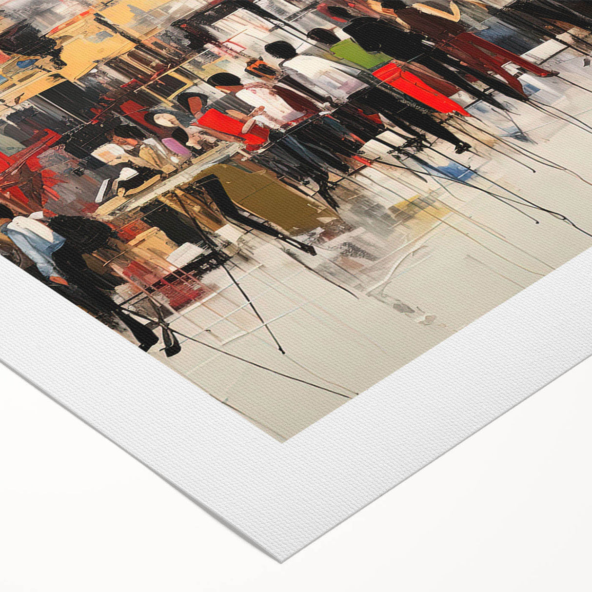 Abstract figurative wall art on rolled canvas showcasing vibrant colors and dynamic shapes, ideal for modern home decor or gallery display.