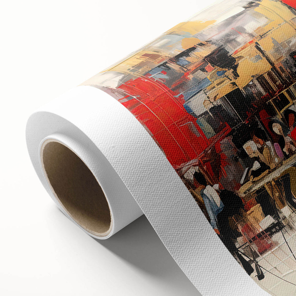 Abstract figurative design wall art on rolled canvas showcasing vibrant colors and fluid shapes, ideal for modern home decor and artistic expression.