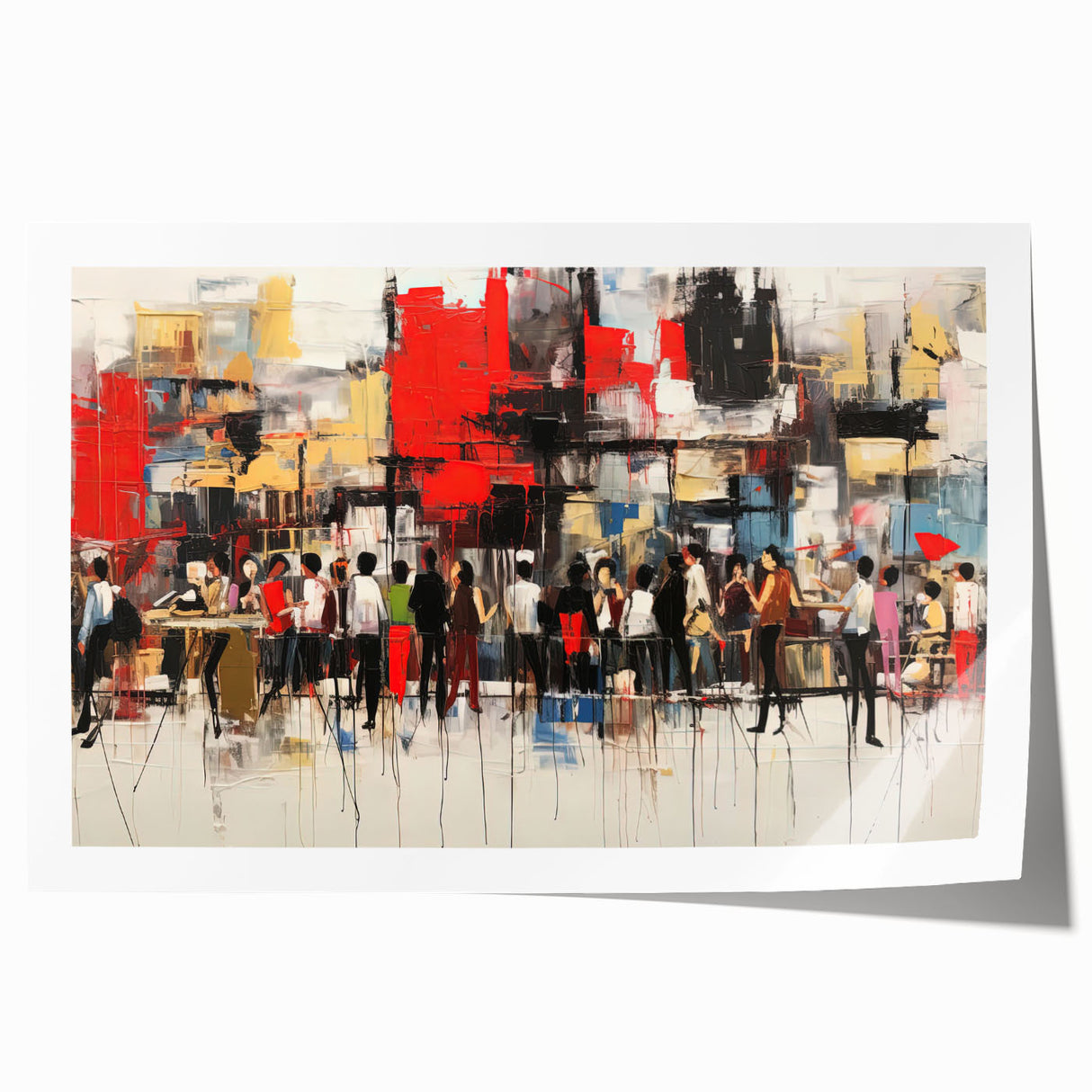 Abstract figurative wall art print showcasing vibrant colors and dynamic shapes, rolled and ready for framing, perfect for modern decor.