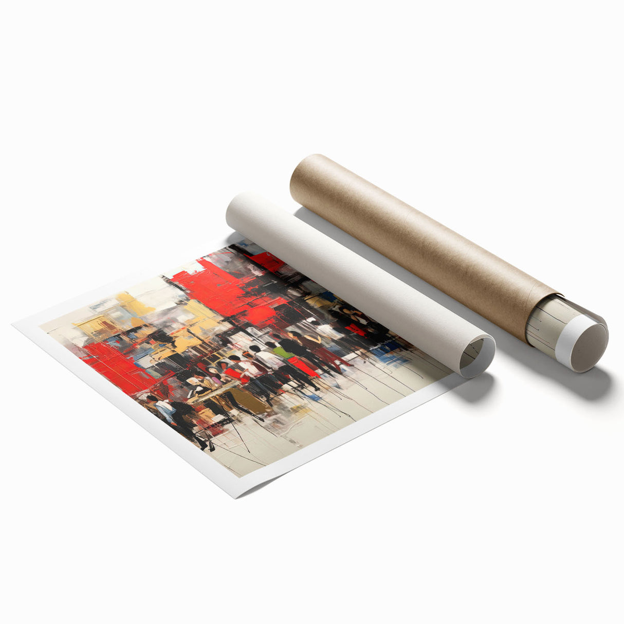 Abstract figurative wall art print showcasing vibrant colors and dynamic shapes, rolled for easy shipping and framing options.