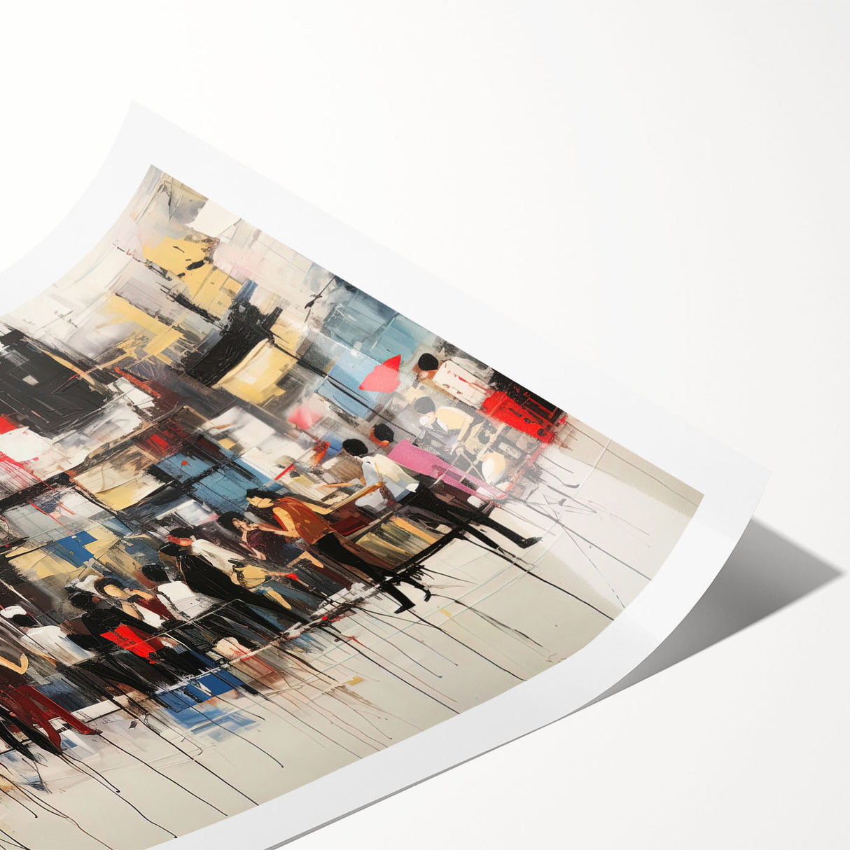 Abstract figurative wall art print showcasing vibrant colors and dynamic shapes, rolled and ready for framing in a protective tube.