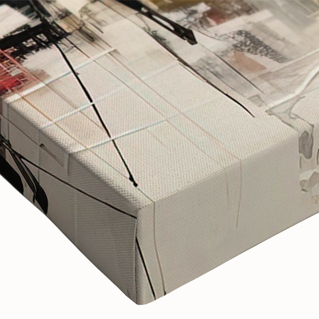 Close-up of abstract figurative wall art on stretched canvas, showcasing vibrant colors and intricate details, perfect for modern home decor.