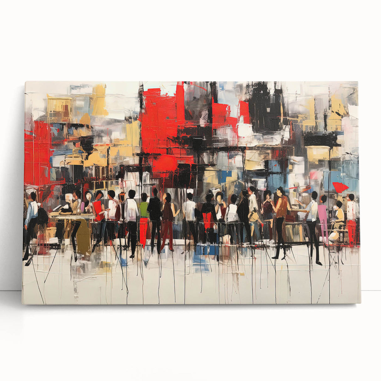 Abstract figurative wall art design on stretched canvas, showcasing vibrant colors and dynamic shapes, ideal for modern home decor.