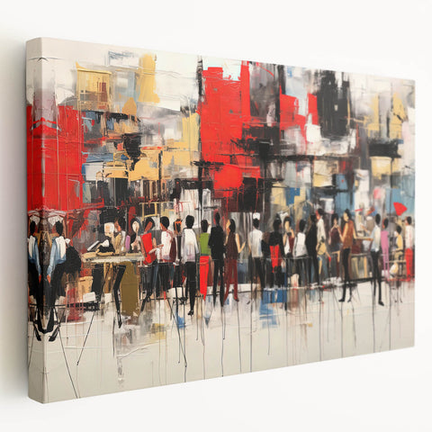 Abstract figurative wall art collection in a side view, showcasing vibrant colors and dynamic shapes on stretched canvas, perfect for modern decor.