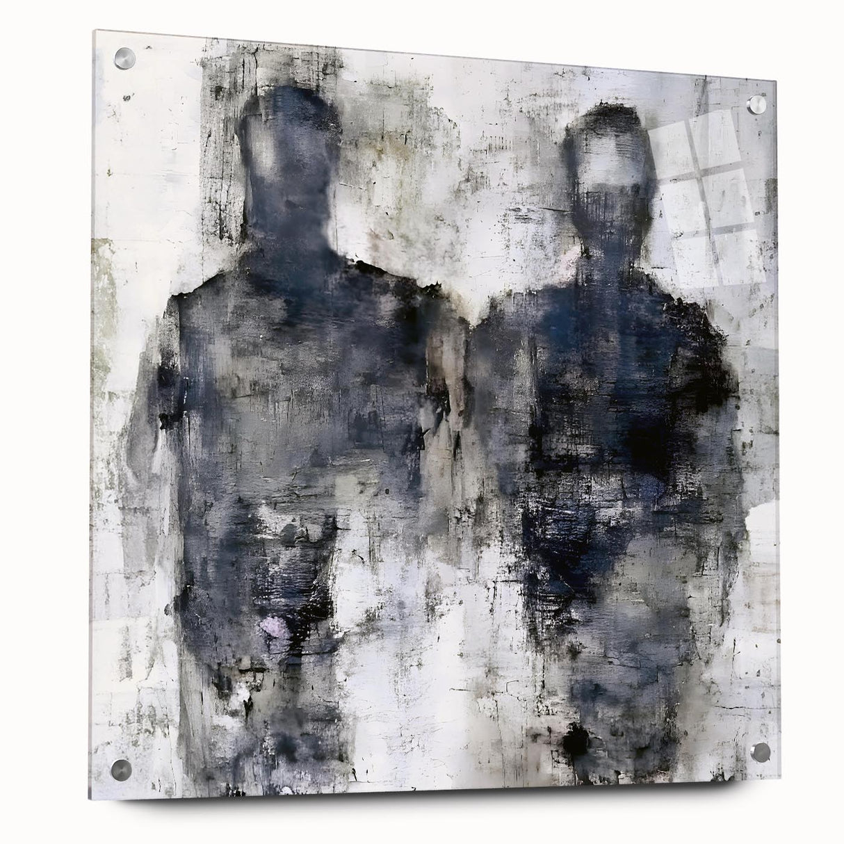 Abstract figurative wall art design showcasing vibrant colors and geometric shapes, displayed in an acrylic glass frame with pins for secure mounting.