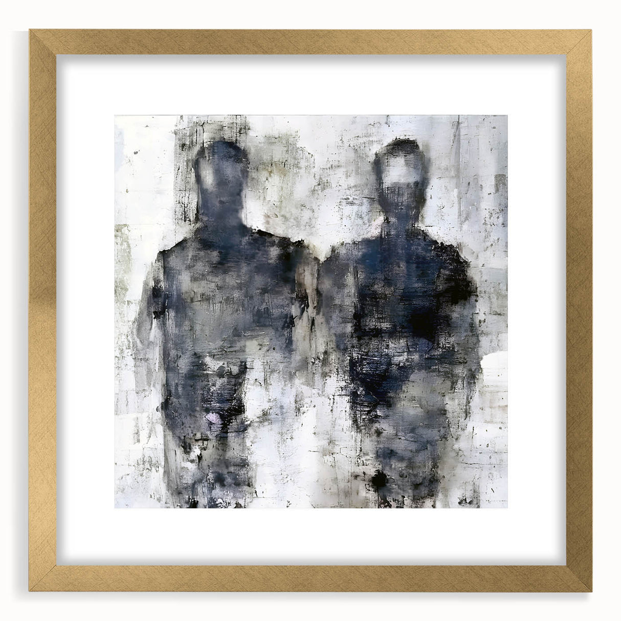 Framed abstract figurative wall art design featuring vibrant colors and gold accents, displayed front view with a white mat, perfect for modern decor.