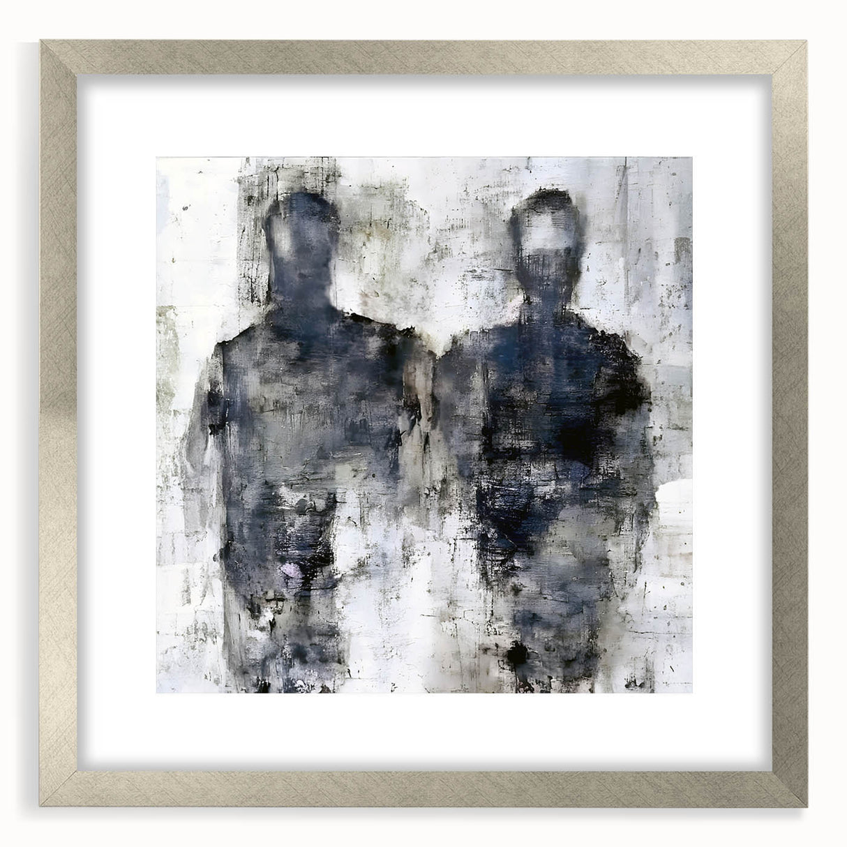 Framed abstract figurative wall art in silver, showcasing a modern design with soft shapes and subtle colors, ideal for contemporary decor.