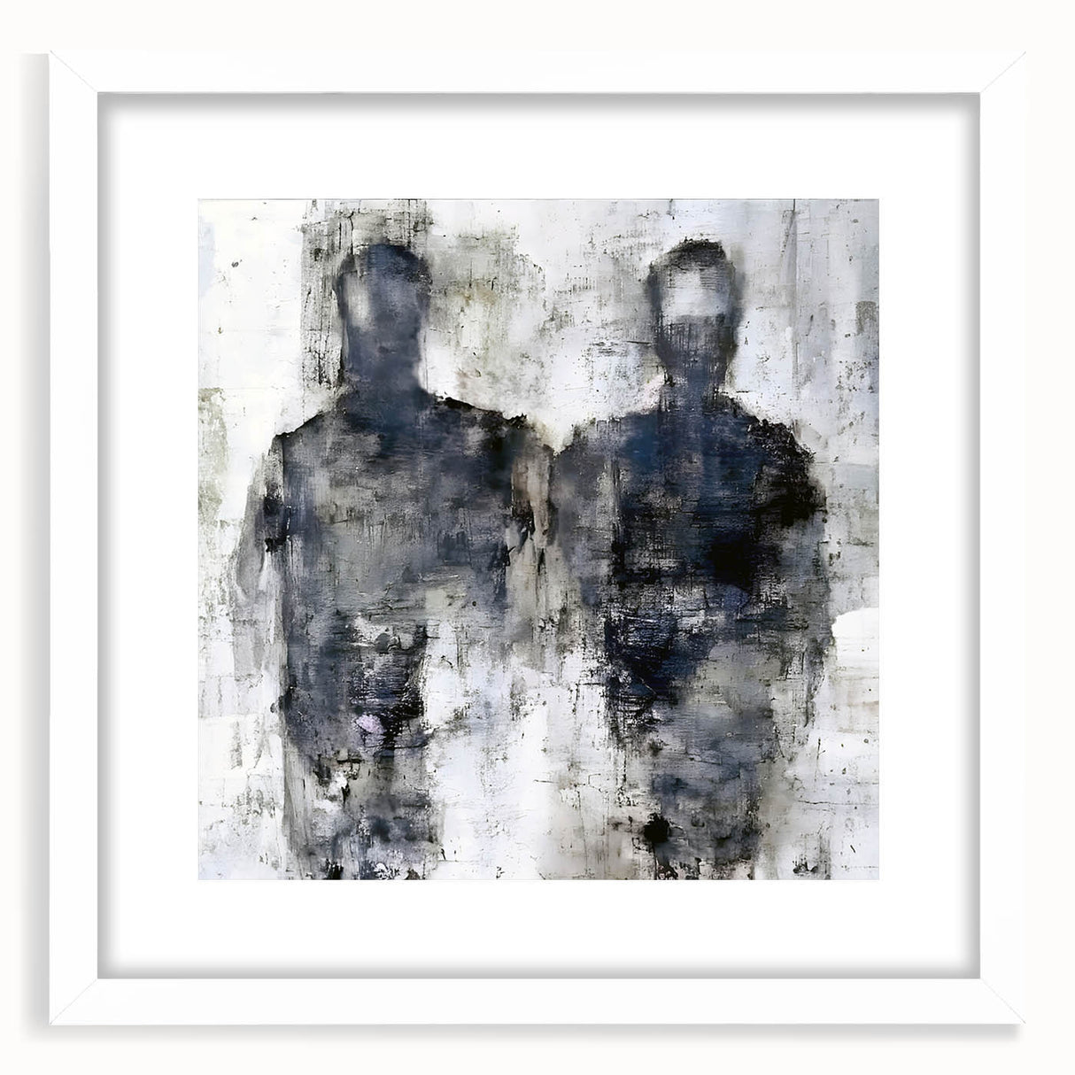 Abstract figurative wall art collection with a white frame and mat, showcasing vibrant colors and dynamic shapes, ideal for modern decor.