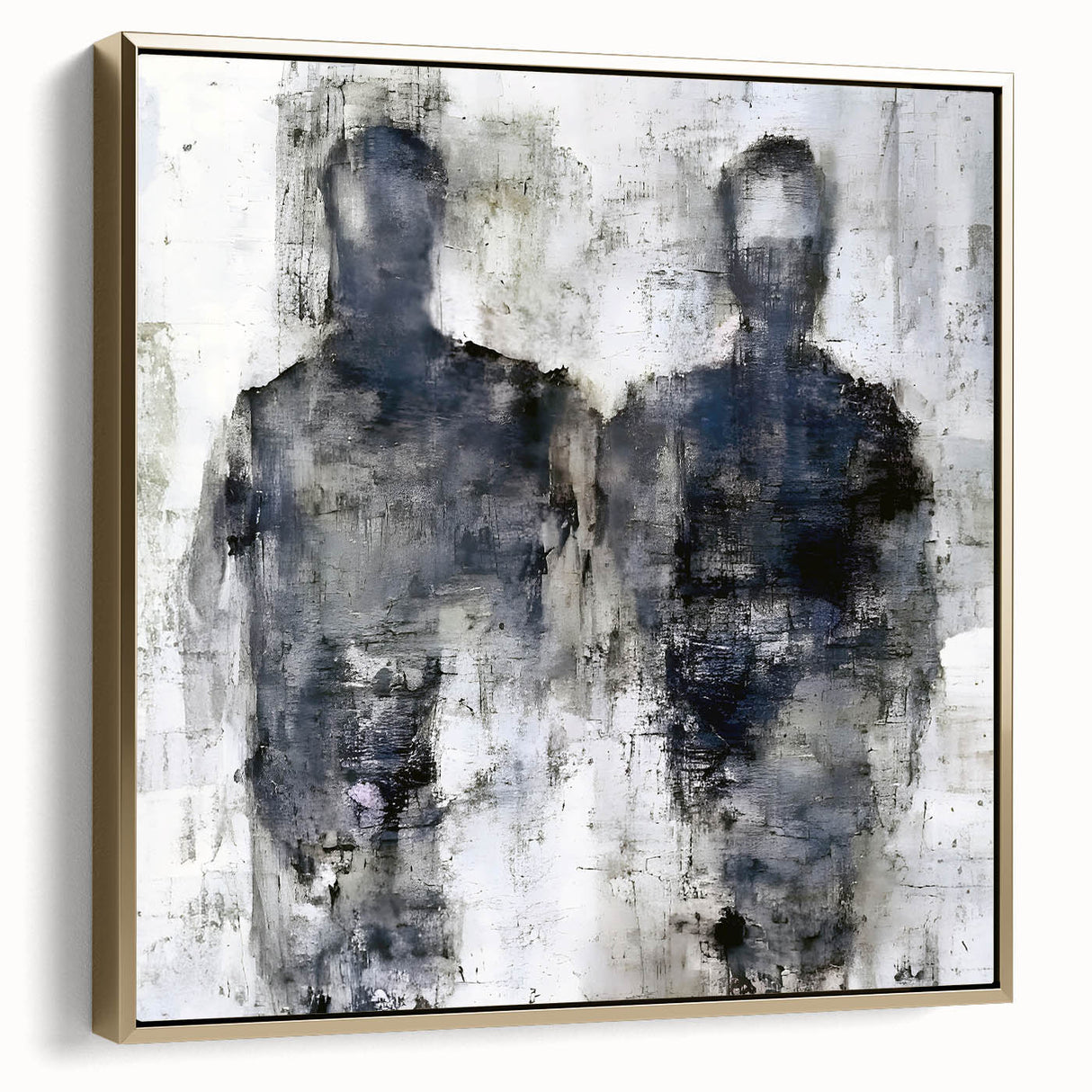 Framed abstract figurative wall art in gold tones, showcasing a modern design with dynamic shapes and textures, perfect for contemporary decor.