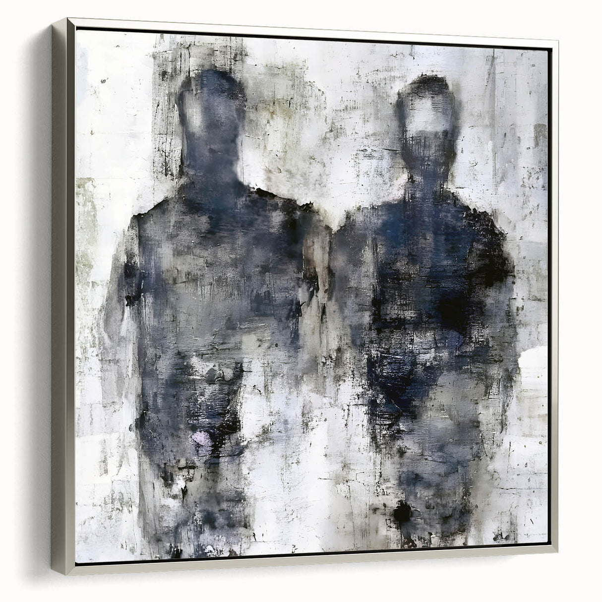 Framed abstract figurative wall art featuring a silver tone design with elegant curves and shapes, perfect for modern home decor.