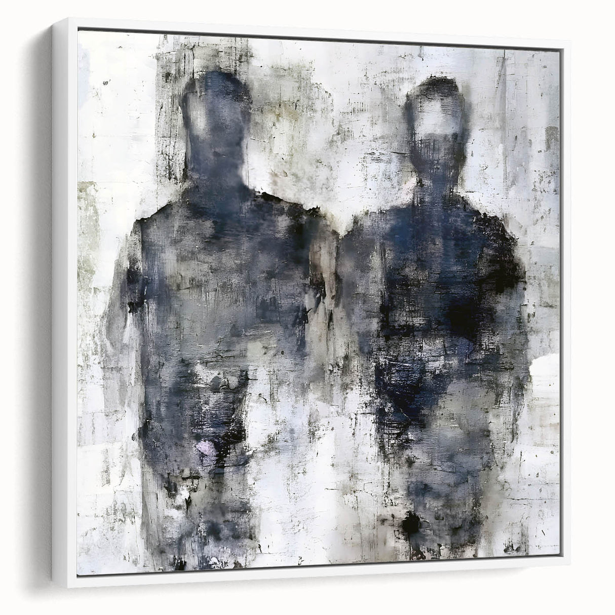 Framed abstract figurative wall art showcasing dynamic shapes in soft hues of blue and cream, elegantly displayed from a side view.