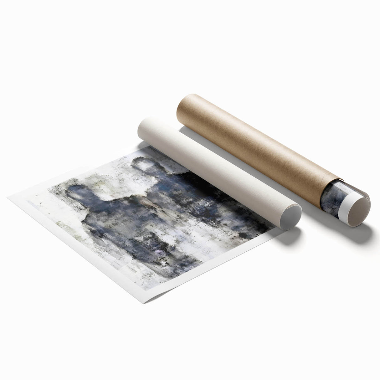 Abstract figurative wall art print showcasing vibrant colors and dynamic shapes, rolled in a protective tube, ideal for home decor.