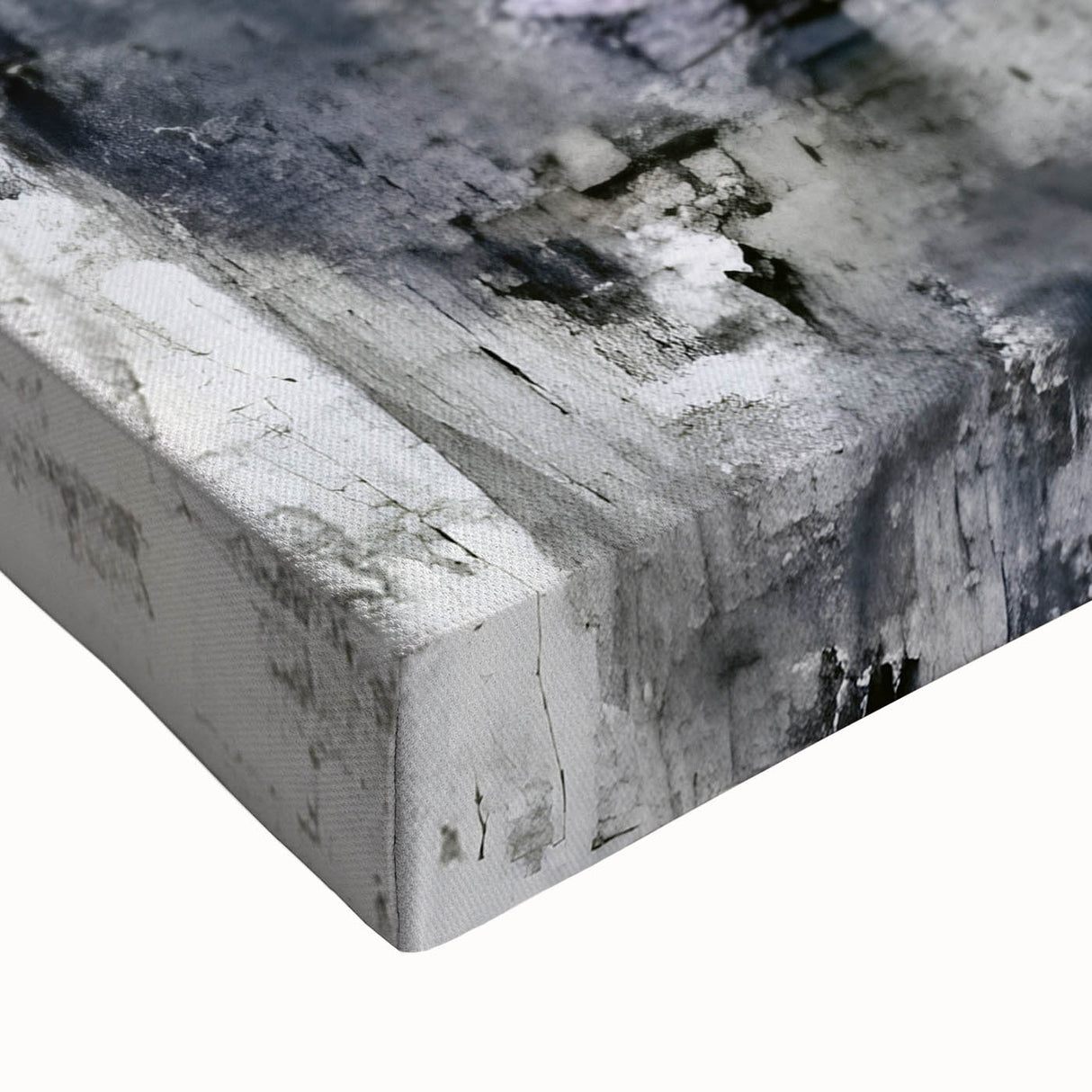 Close-up of a stretched canvas featuring an abstract figurative design with vibrant colors and textured brush strokes, ideal for modern decor.