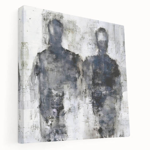 Side view of a stretched canvas wall art piece showcasing an abstract figurative design, featuring vibrant colors and dynamic shapes, ideal for modern decor.