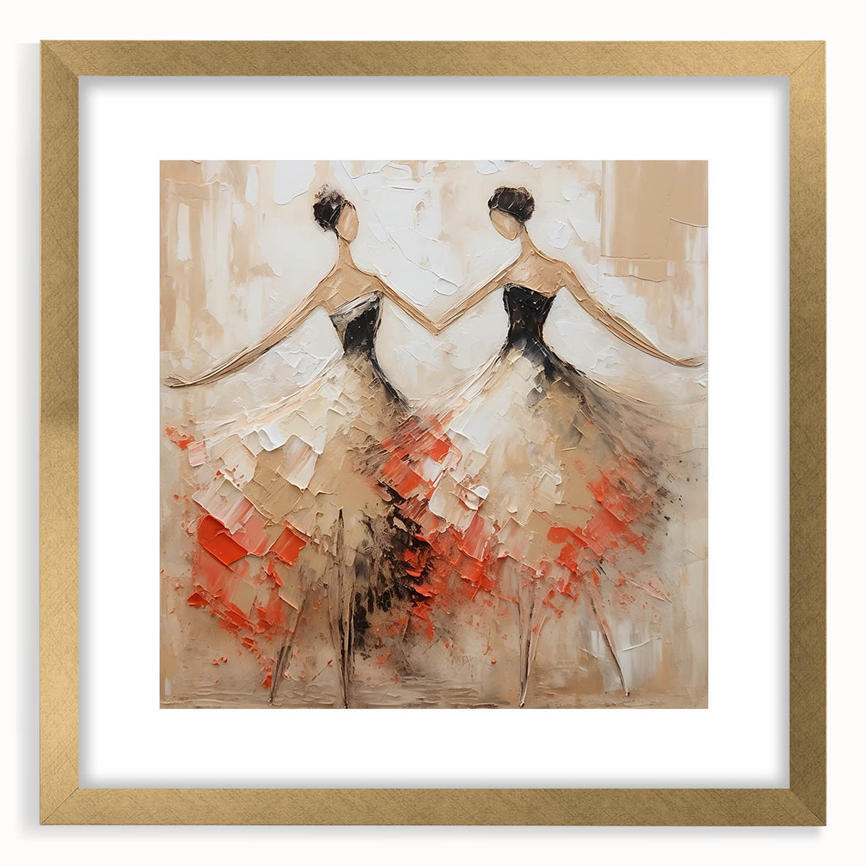 Framed abstract figurative wall art in gold, showcasing a modern design with bold colors and textures, perfect for home decor.