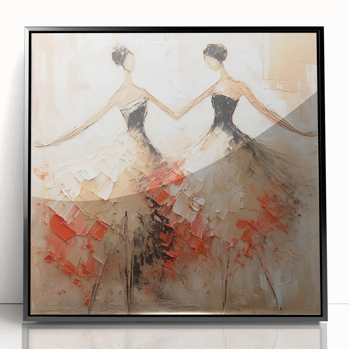 Framed abstract figurative wall art design in black, showcasing dynamic shapes and textures, perfect for modern home decor.