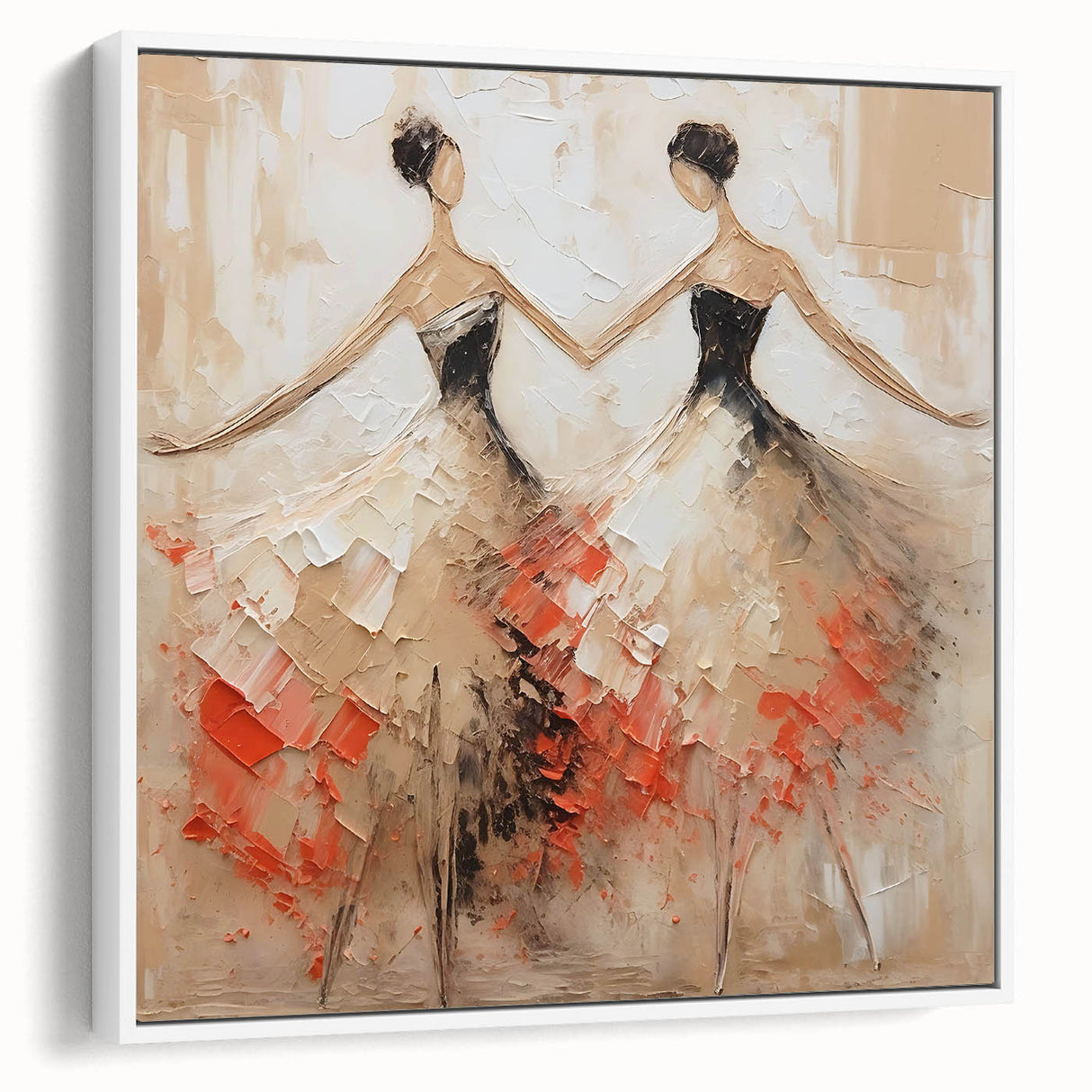 Framed abstract figurative wall art in a sleek white frame, showcasing vibrant colors and dynamic shapes, perfect for modern decor.