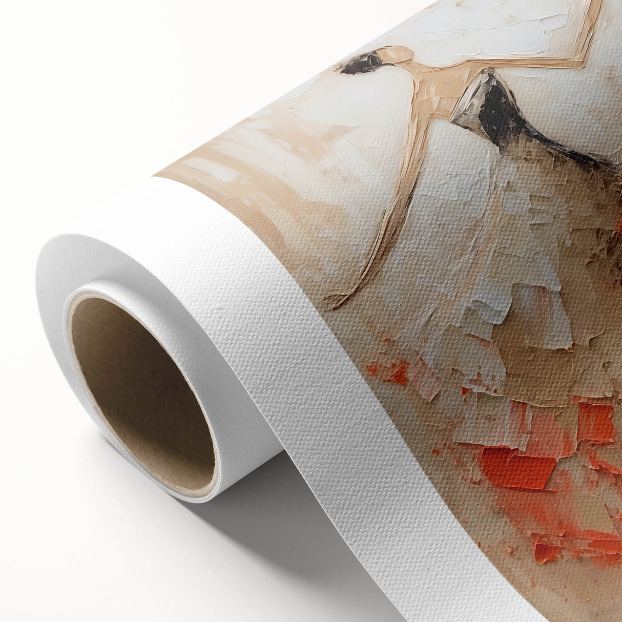 Abstract figurative wall art design on rolled canvas, showcasing vibrant colors and dynamic shapes, ideal for modern home decor.