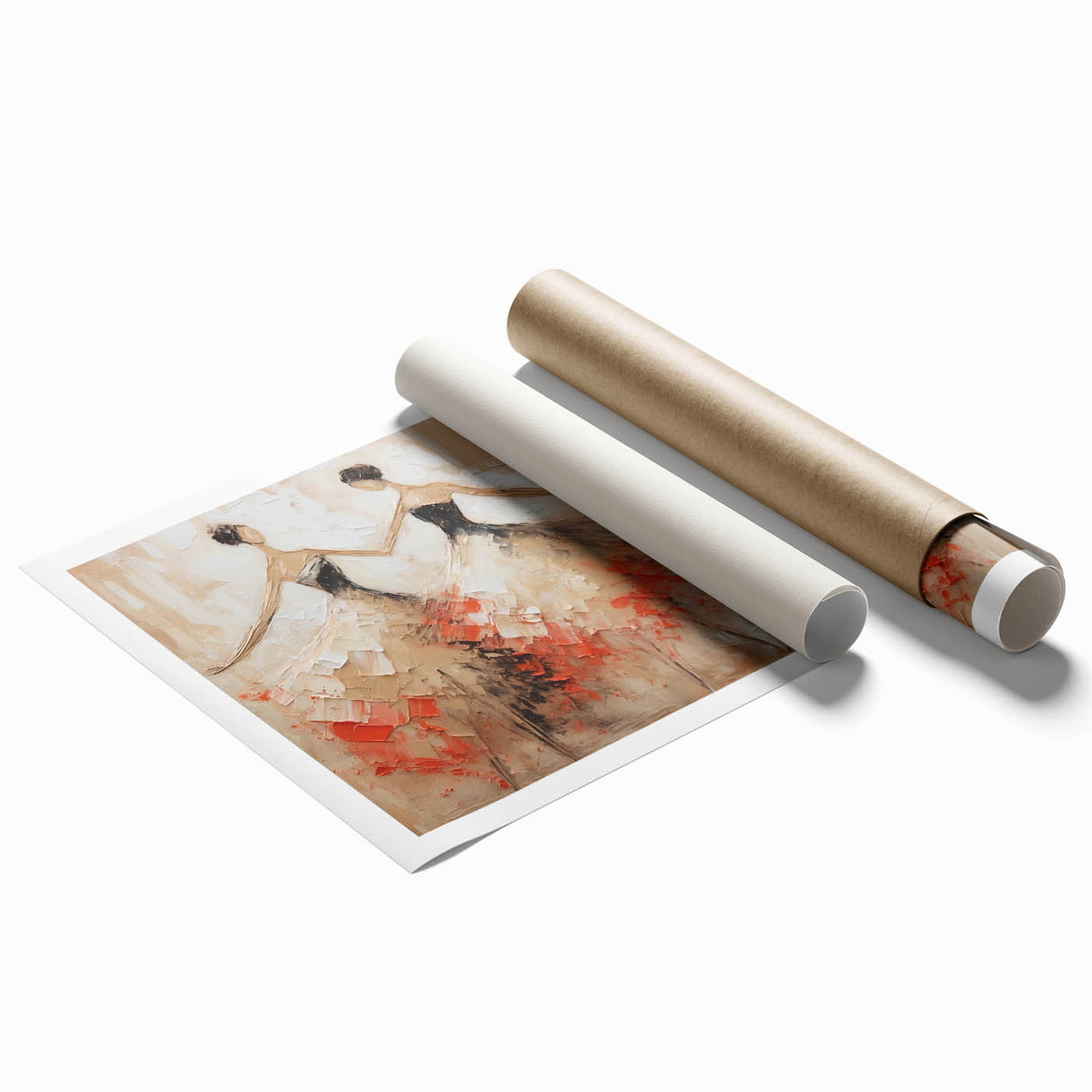 Abstract figurative wall art print showcasing vibrant colors and dynamic shapes, rolled for easy shipping and framing, ideal for modern decor.