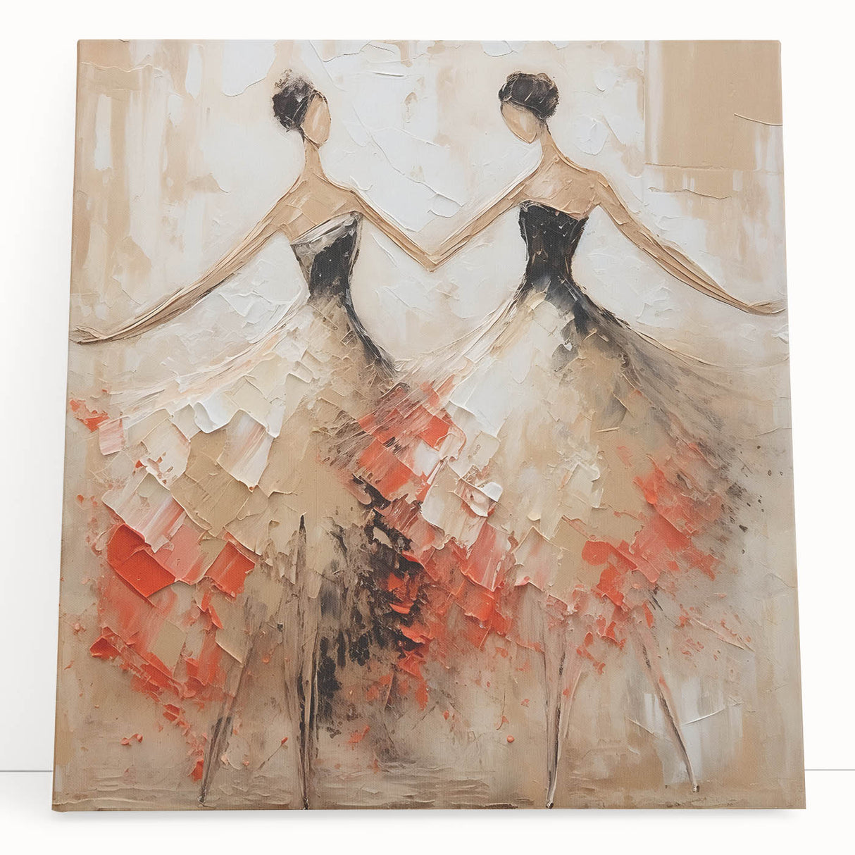 Abstract figurative wall art design featuring a vibrant color palette and dynamic shapes, printed on stretched canvas, perfect for modern decor.