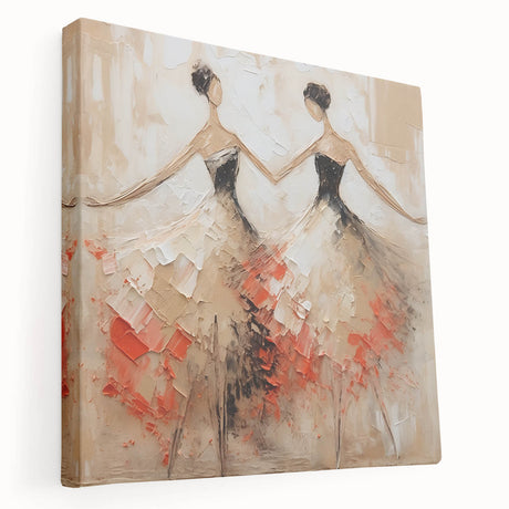 Abstract figurative wall art design on stretched canvas showcasing vibrant colors and dynamic shapes, perfect for modern home decor.