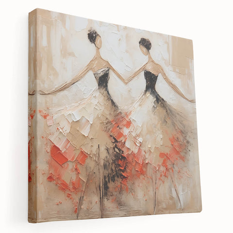 Abstract figurative wall art design on stretched canvas showcasing vibrant colors and dynamic shapes, perfect for modern home decor.