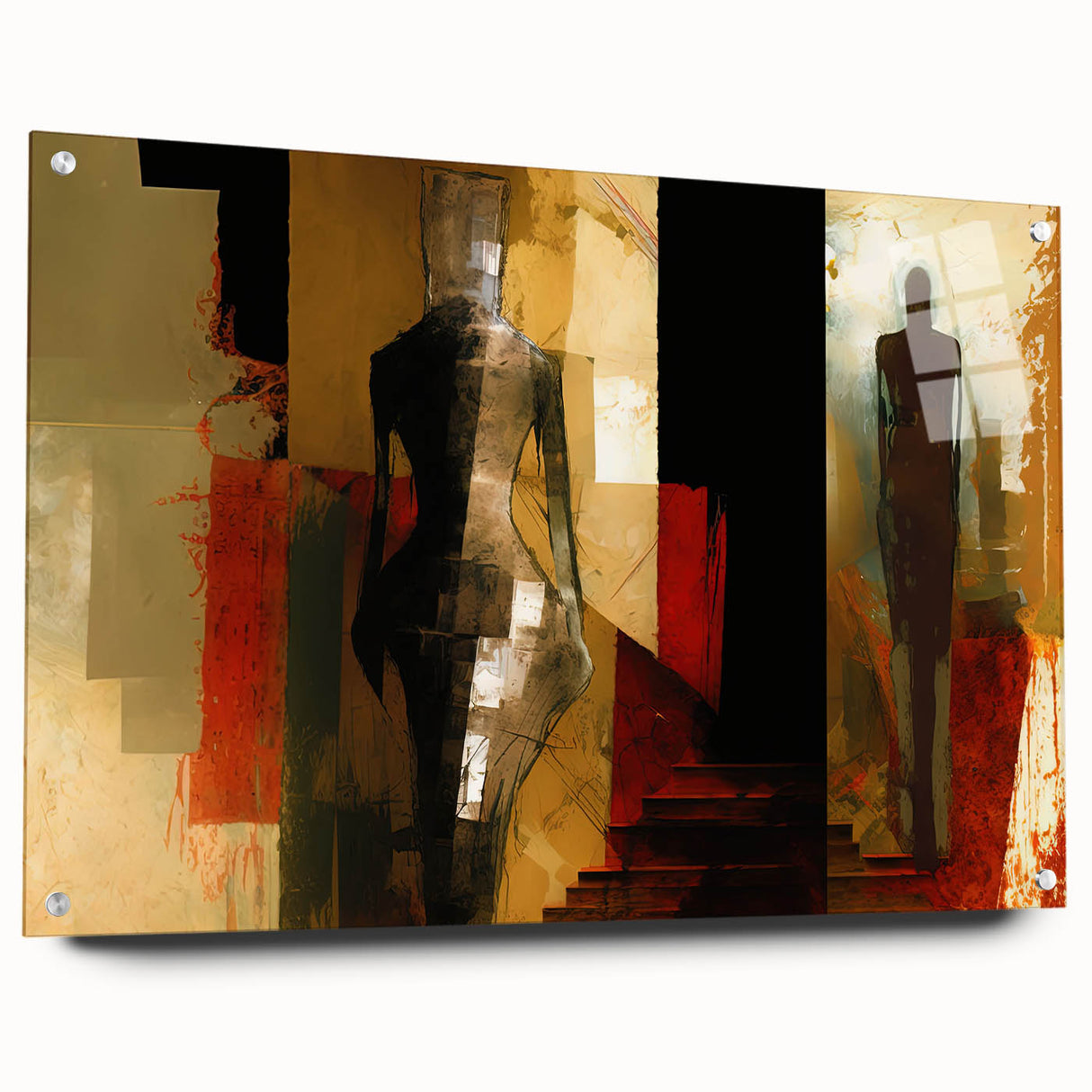 Abstract figurative wall art design on acrylic glass, showcasing vibrant colors and unique patterns, elegantly displayed with metal pins.