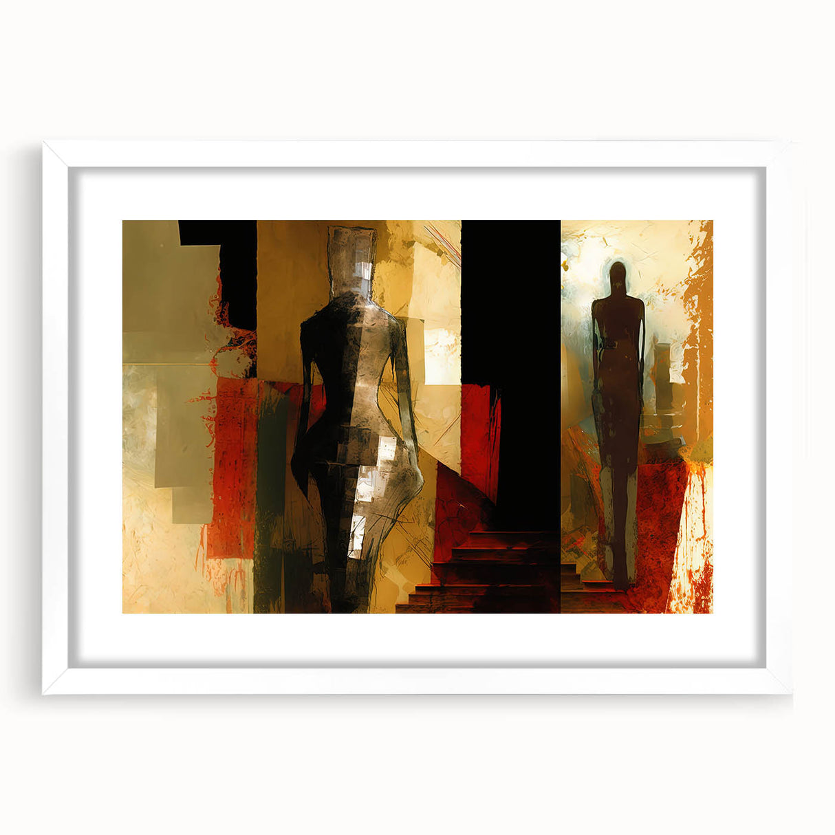 Framed abstract figurative wall art design in a modern white frame, showcasing vibrant colors and dynamic shapes, perfect for contemporary decor.