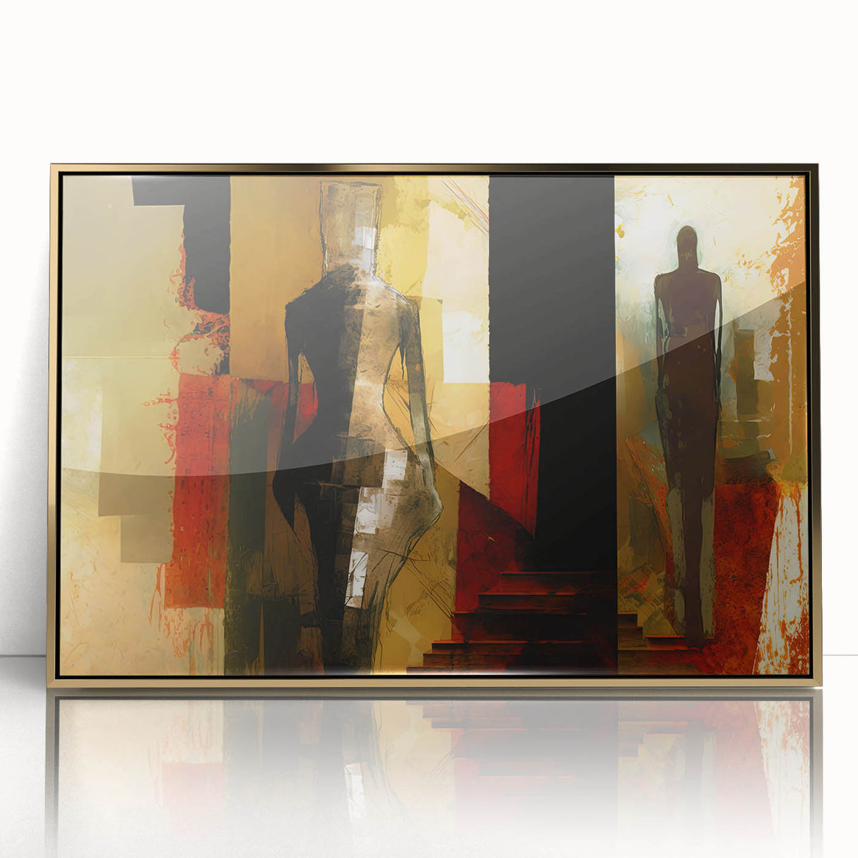 Framed abstract figurative wall art design featuring gold accents, showcasing a modern artistic composition with fluid shapes and vibrant colors.