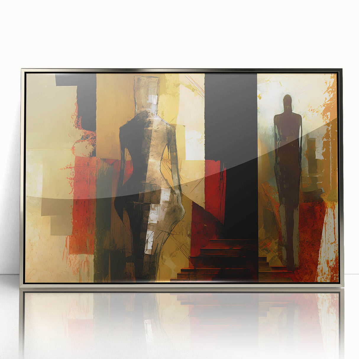 Framed abstract figurative wall art with silver accents, showcasing a modern design featuring flowing shapes and a sleek finish.