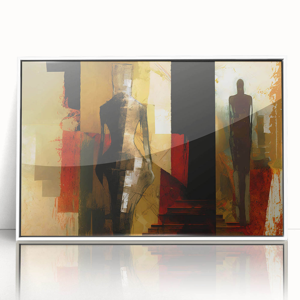 Framed abstract figurative wall art in a sleek white frame, showcasing vibrant colors and dynamic shapes, perfect for modern decor.