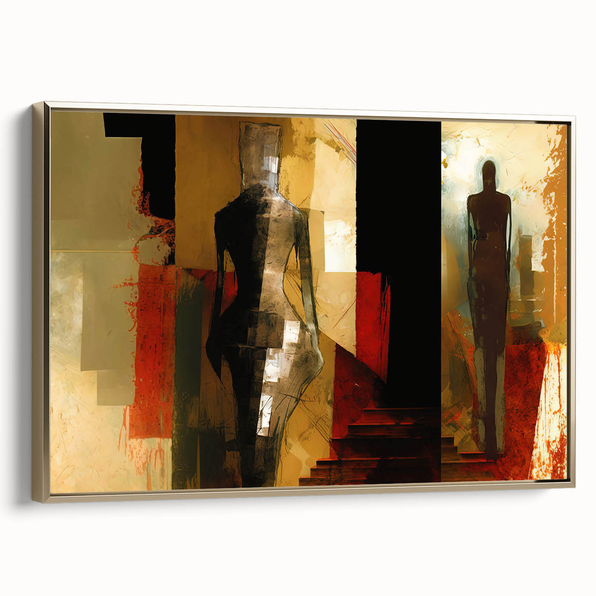 Framed abstract figurative wall art in gold hues, showcasing flowing shapes and modern design, perfect for contemporary decor.