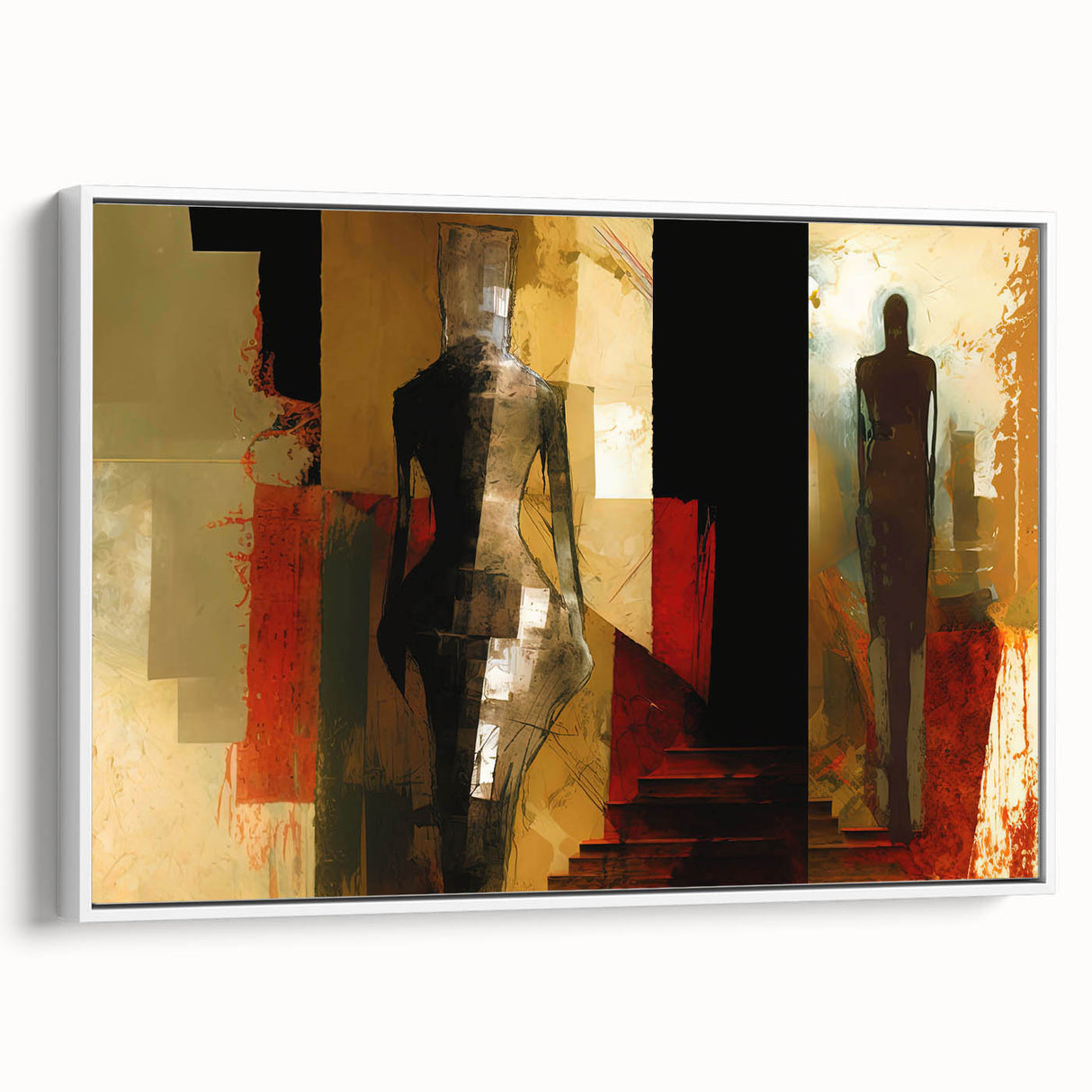 Framed abstract figurative wall art showcasing a modern design with vibrant colors and a sleek white frame, ideal for contemporary decor.