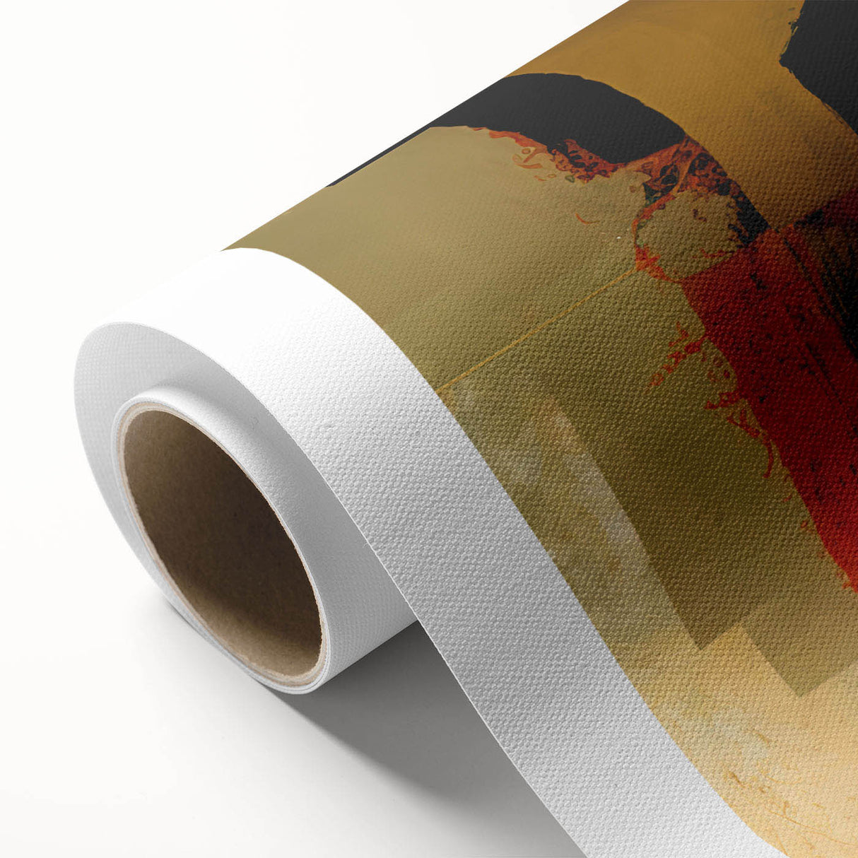 Abstract figurative wall art print in vibrant colors, showcasing dynamic shapes and textures on rolled canvas, ideal for modern decor.