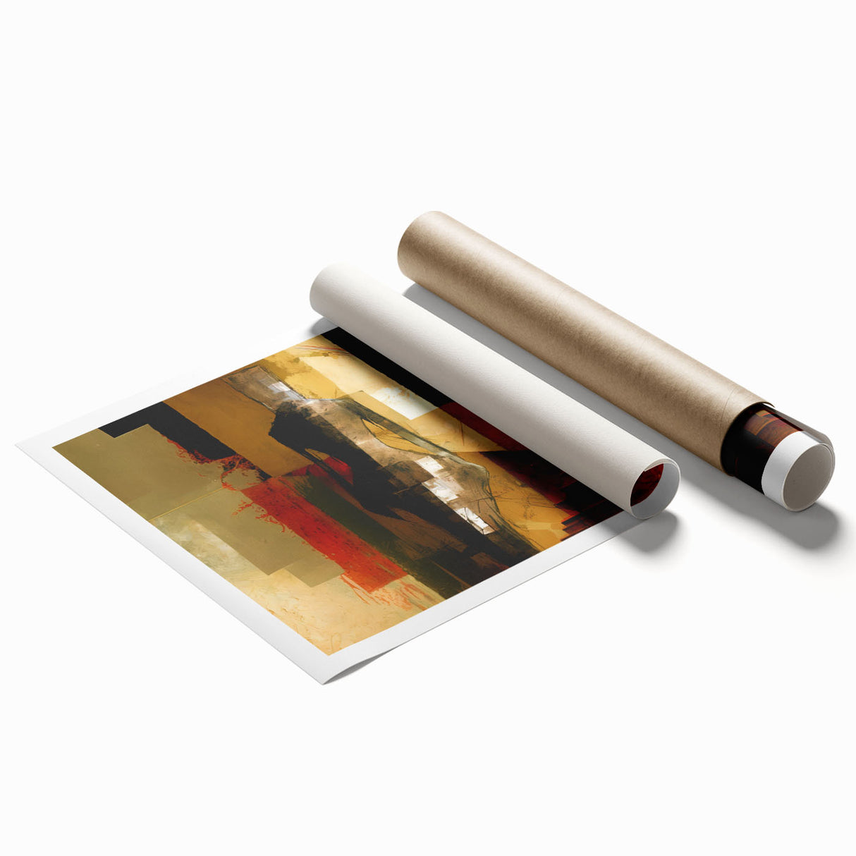 Abstract figurative wall art print showcasing vibrant colors and dynamic shapes, rolled and ready for framing, perfect for modern decor.