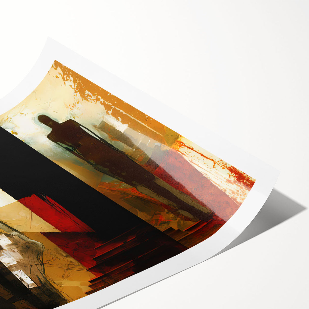 Abstract figurative design wall art print showcasing vibrant colors and dynamic shapes, rolled up in protective packaging for easy framing.