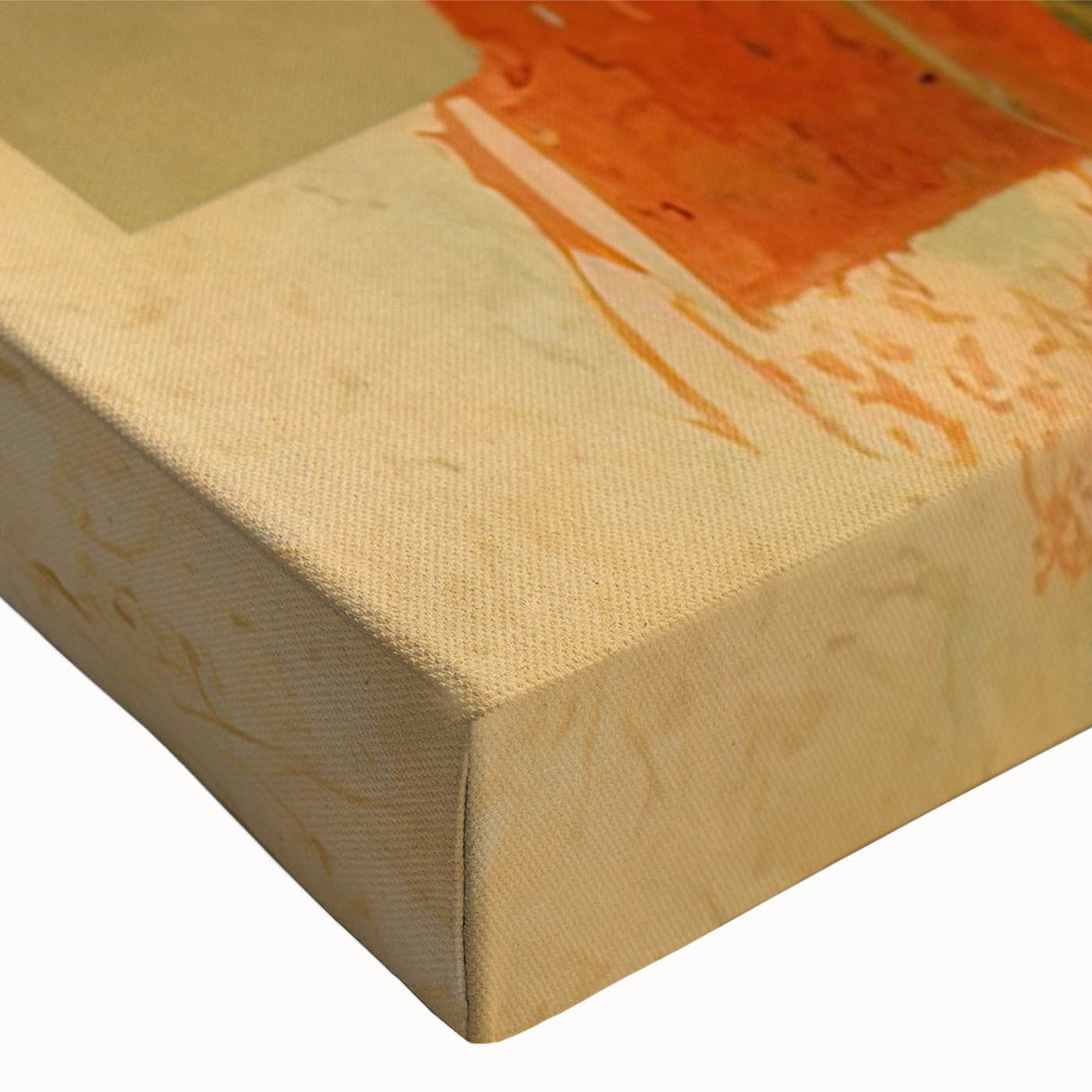 Close-up view of a stretched canvas featuring an abstract figurative design with vibrant colors and intricate textures, perfect for modern decor.