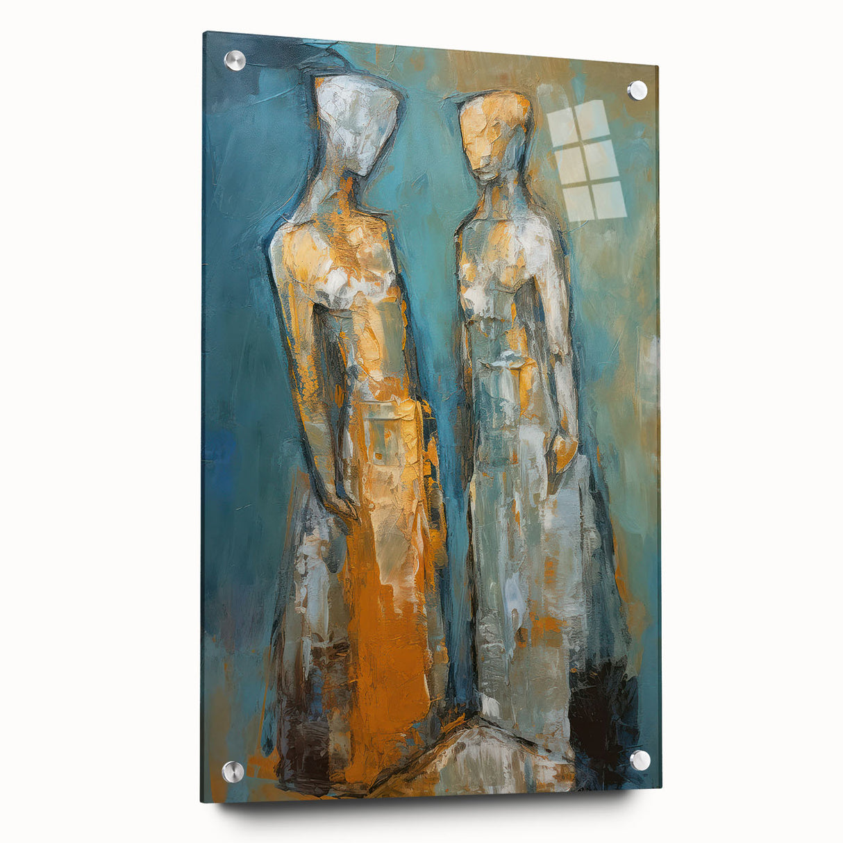 Abstract figurative wall art collection displayed in a side view, showcasing vibrant colors and unique pin accents against a sleek acrylic glass backdrop.