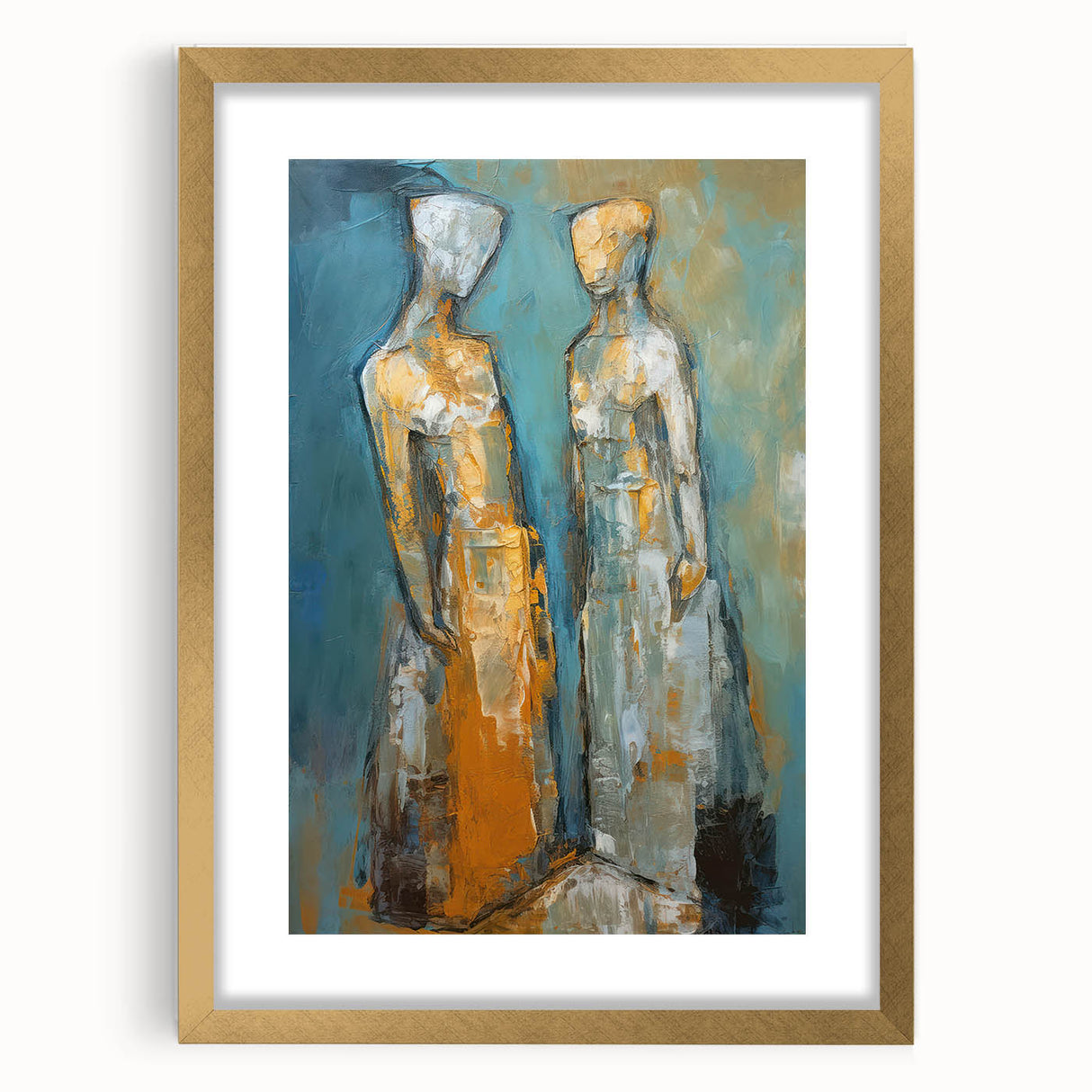 Abstract figurative wall art featuring a gold-framed design with intricate shapes and colors, perfect for modern home decor.