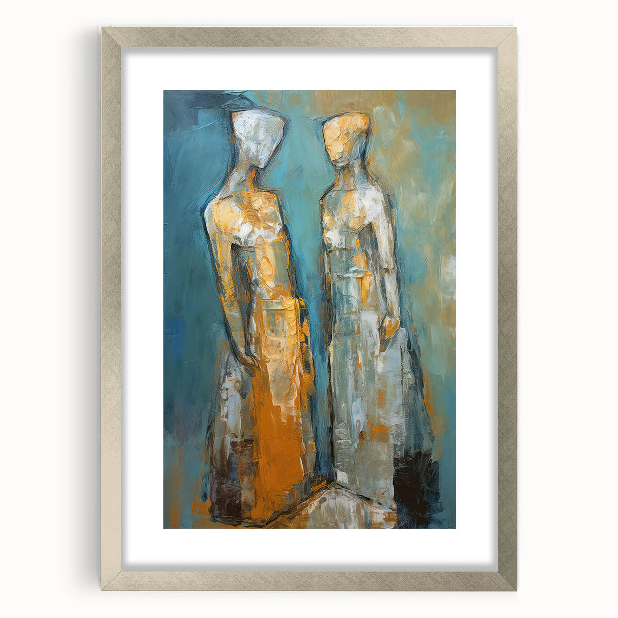 Framed abstract figurative wall art in silver frame showcasing vibrant colors and unique design elements, perfect for modern decor.