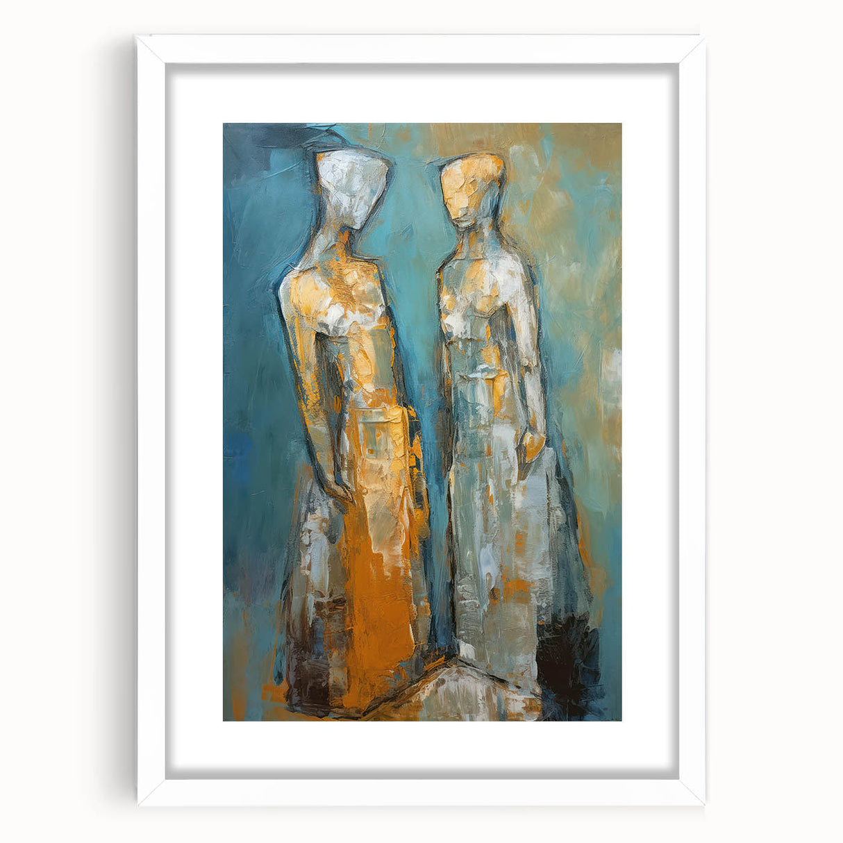 Framed abstract figurative wall art design in a sleek white frame, showcasing vibrant colors and bold shapes, perfect for modern decor.