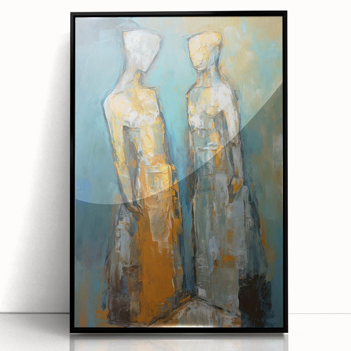 Framed abstract figurative wall art design featuring dynamic shapes and vibrant colors, showcased in a sleek black frame against a neutral background.