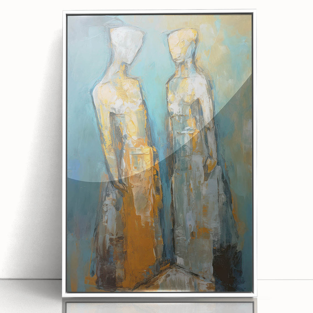 Framed abstract figurative wall art design showcasing a dynamic interplay of colors and shapes, presented in a sleek white frame, perfect for modern decor.